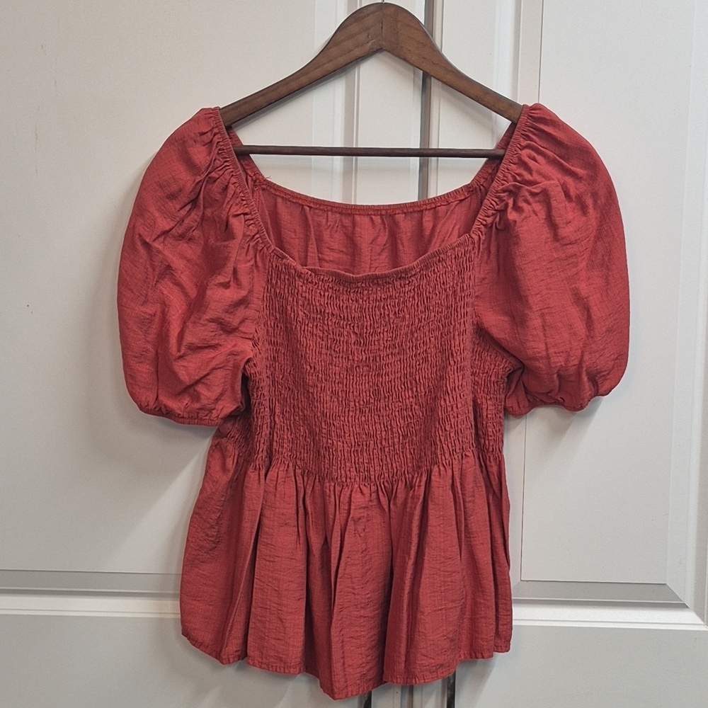 Cottagecore/Milkmaid Puff-Sleeve Smocked Women's Blouse, Size 1XL, Feminine Chic